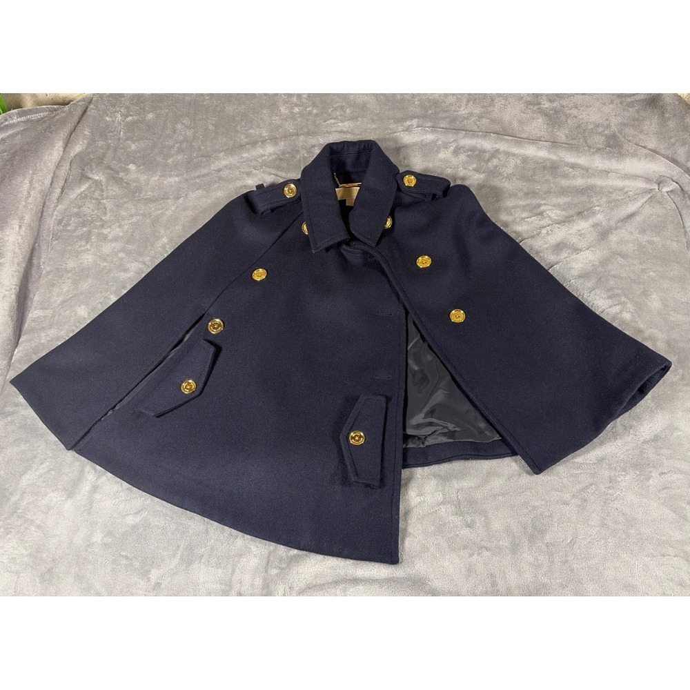 Michael Kors Navy Blue Wool Blend Military Cape Coat Gold Buttons MF32G238Z5 M